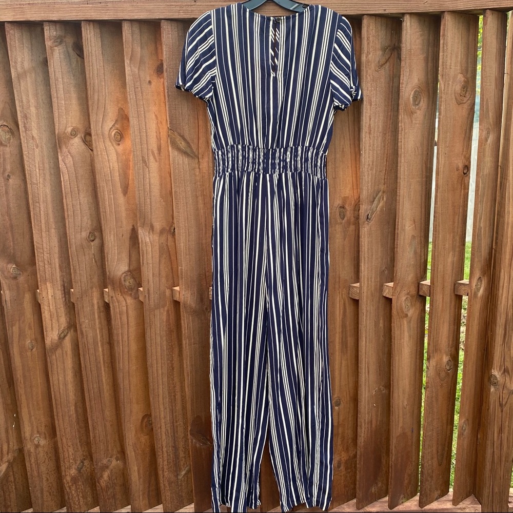 Navy Striped Short Sleeve Tie-Front Jumpsuit - Picture 3 of 3